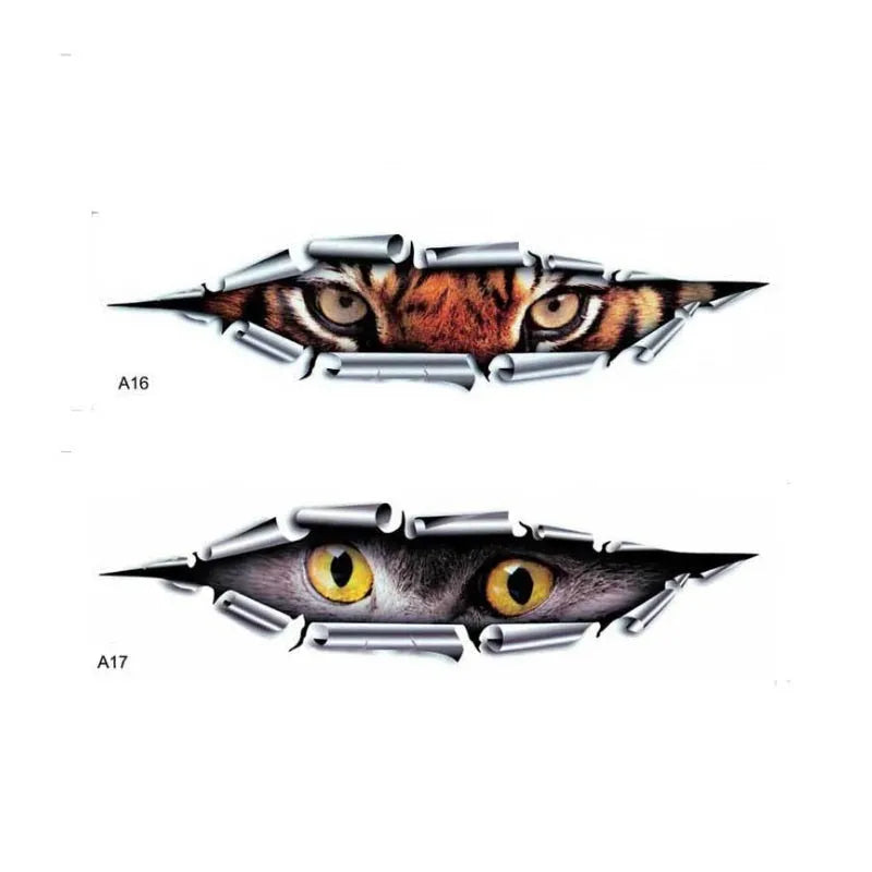3D Tiger Eye and Eagle Eye pattern car bumper stickers measuring 10x35cm on vehicle door