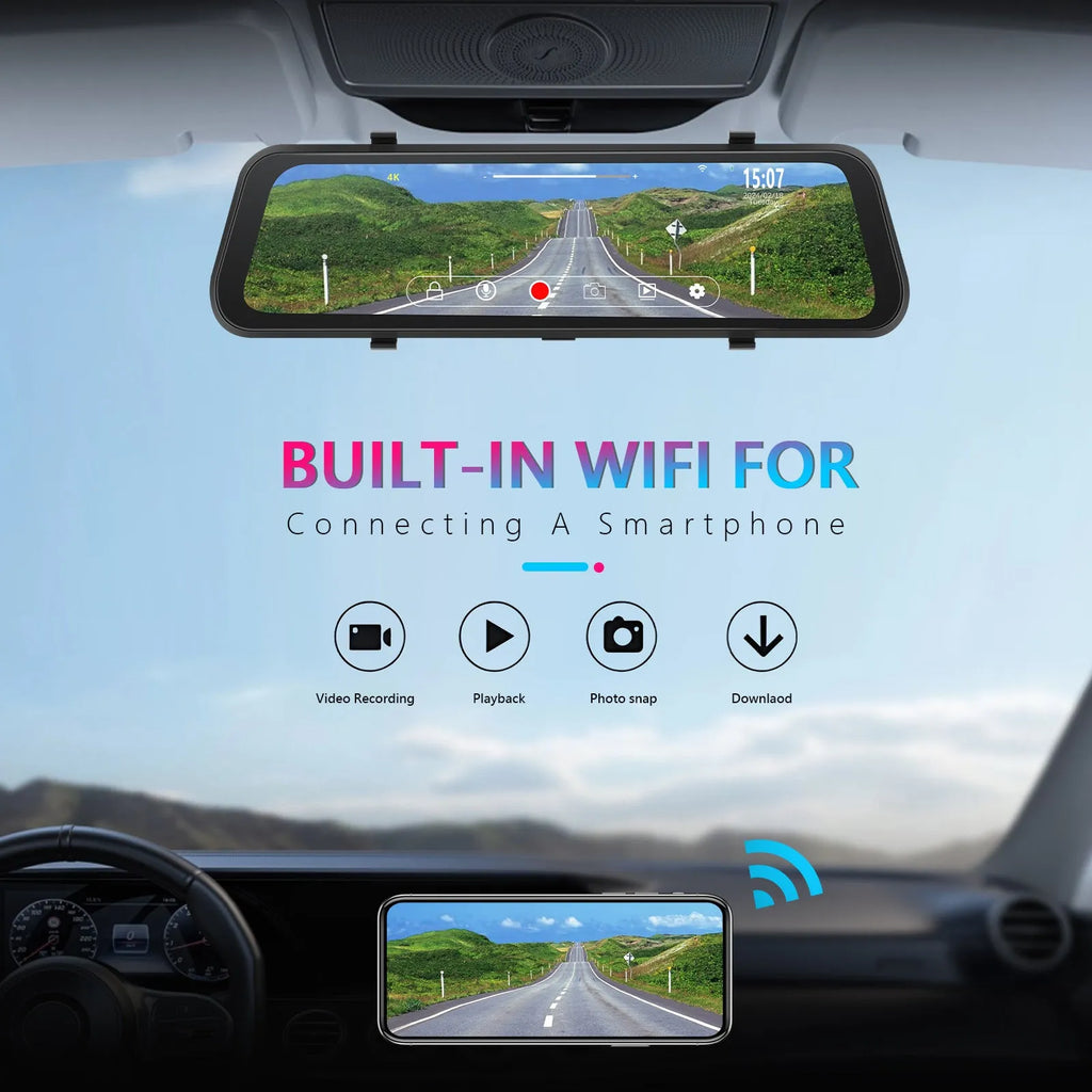 Streaming media rearview mirror dash cam with 9.66 inch touch screen front 4K rear 1080p dual cameras