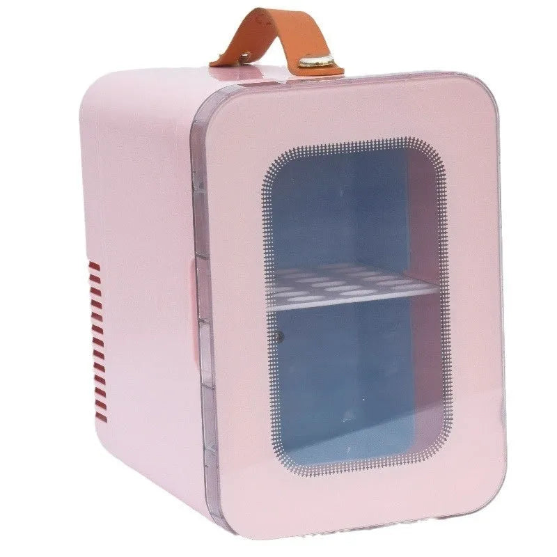 Pink beauty mini refrigerator with transparent door showing contents inside, 6L capacity hot and cold dual-use