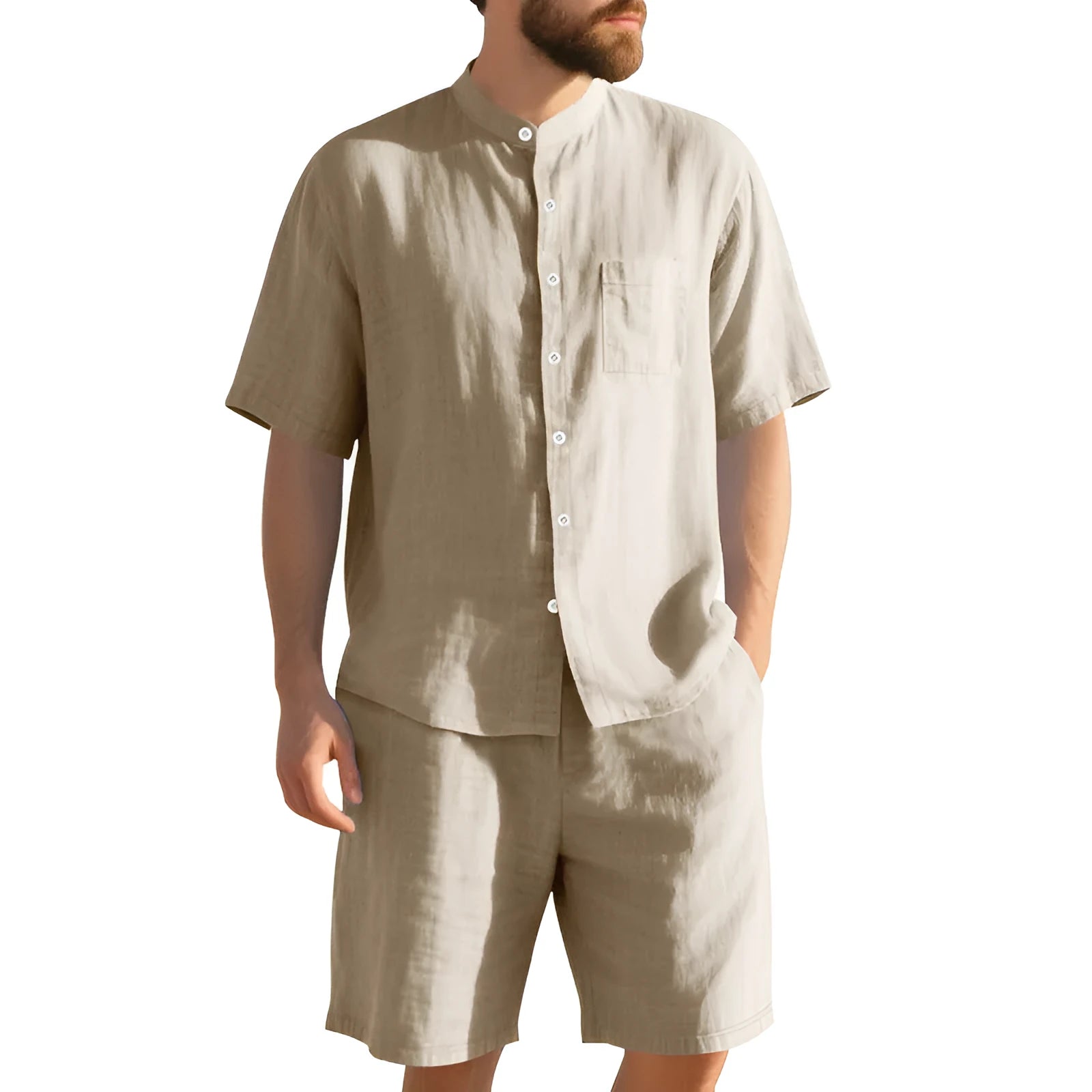 Men's light blue linen two-piece suit with Henry collar, short sleeves, and matching shorts for summer wear
