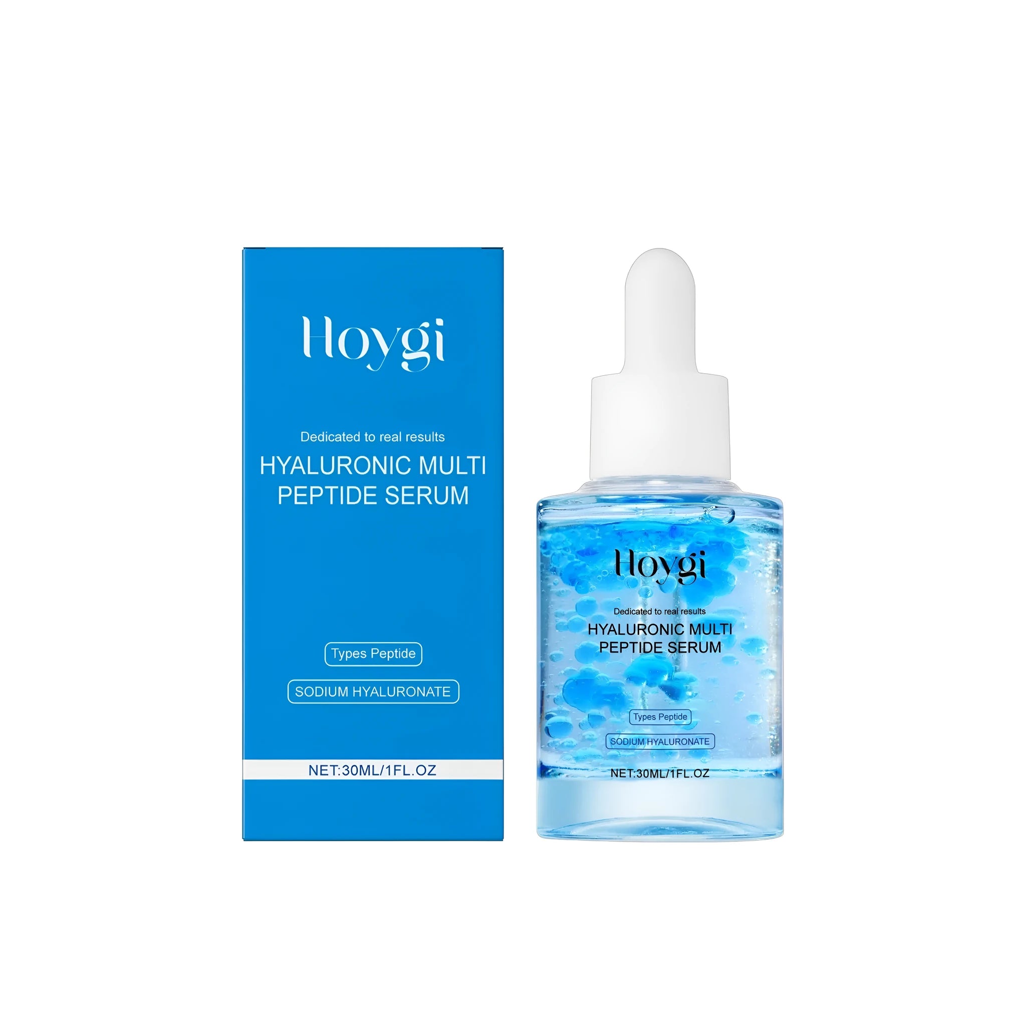 Hyaluronic Multi Peptide Serum 30ml bottle with dropper on white background