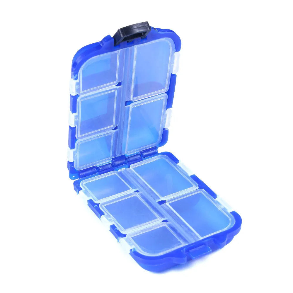 Small black plastic fishing tackle storage box with 10 open compartments