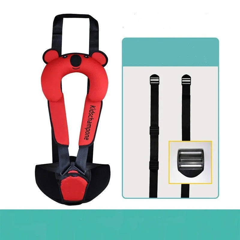 Portable child safety seat belt retainer with detachable headrest in multiple colour options
