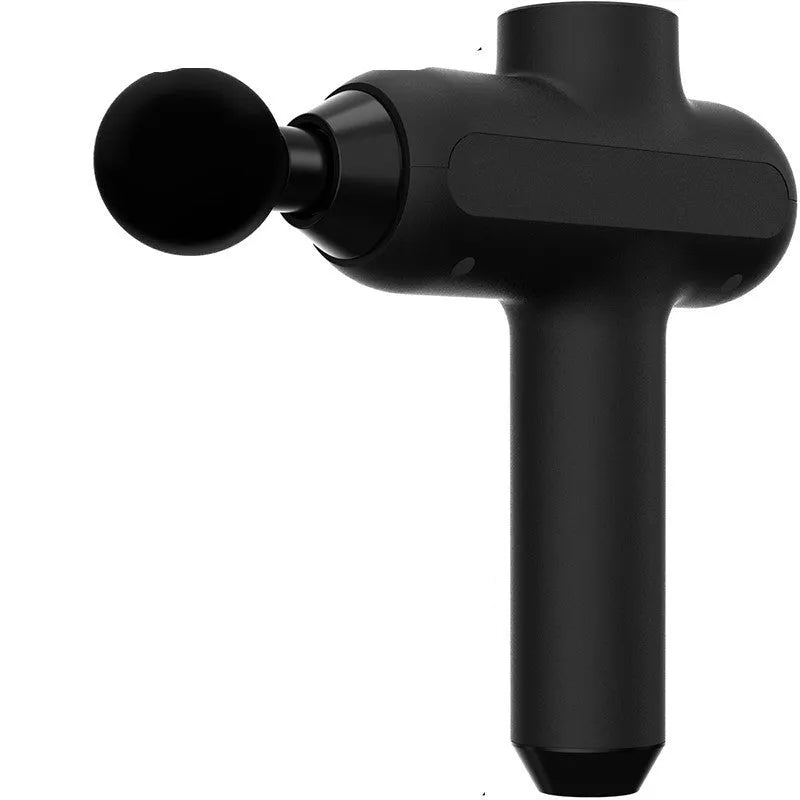 Black rechargeable muscle massager with six different massage heads showing five gear settings