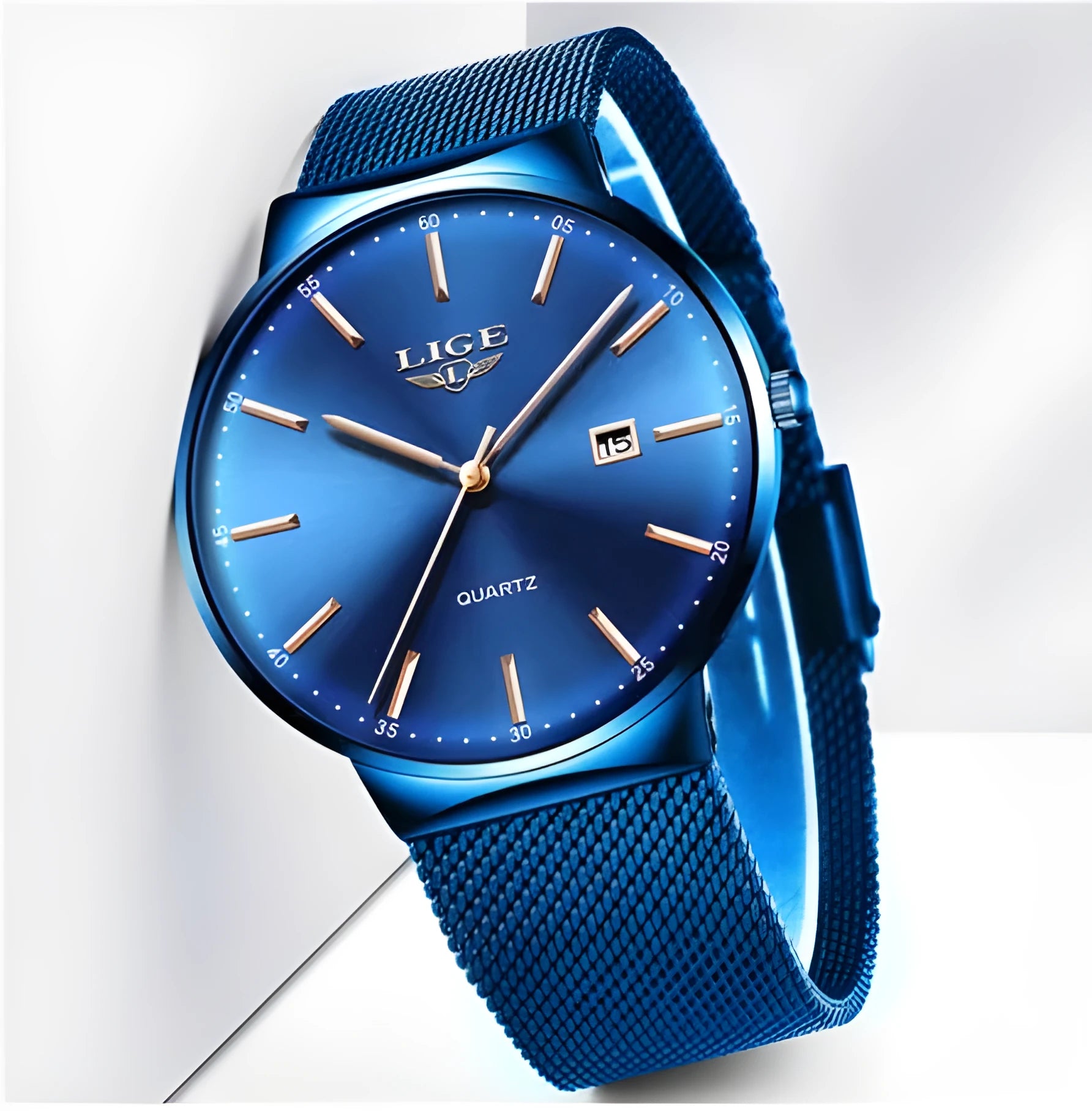 Men's stainless steel watch with 40mm case showing all black, all blue and black blue colour options