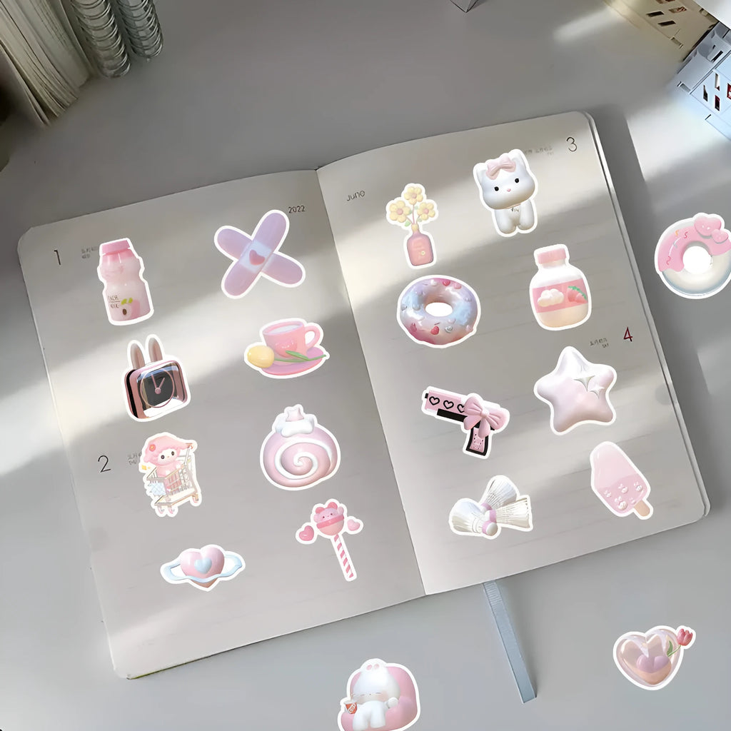 63-piece pack of 3D decorative stickers with pink girl heart patterns in cute style