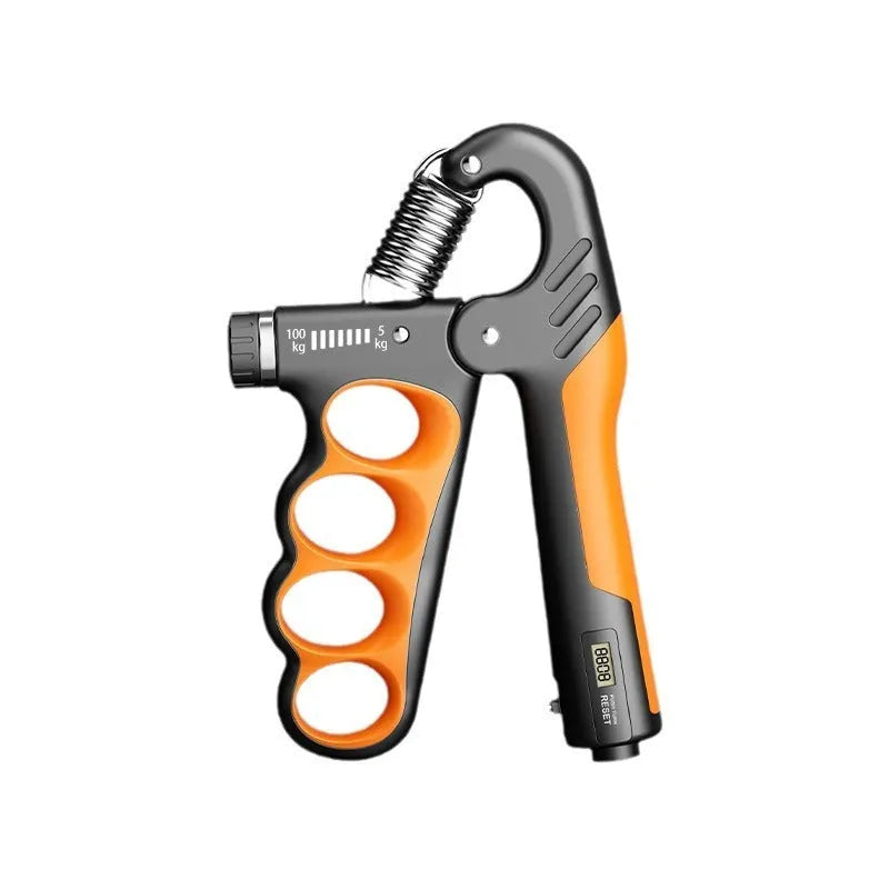 Electronic count spring grip hand exerciser with digital display in orange, red or grey