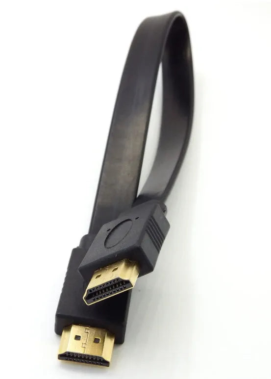 Flat black HDMI cable with HDMI connectors at each end on a white background.