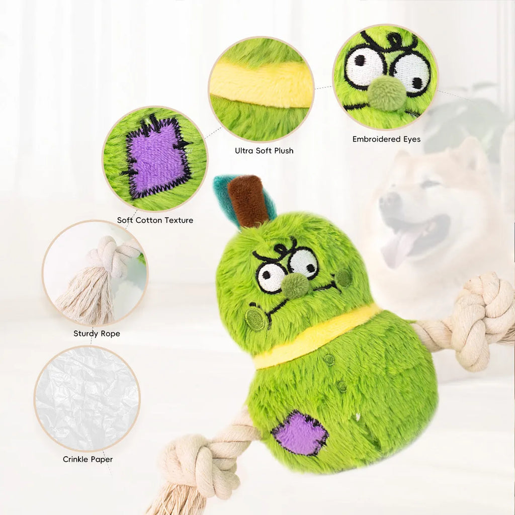Green interactive dog plush rope knot tug toy with molar tooth chew centre on a white background.