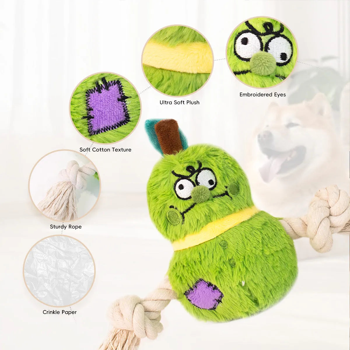 Green interactive dog plush rope knot tug toy with molar tooth chew centre on a white background.