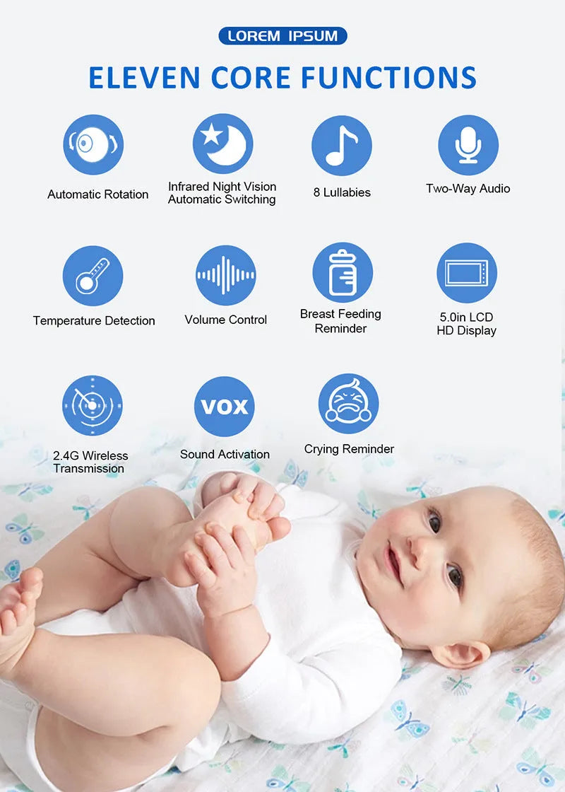 HD wireless baby monitor white with 5.0-inch 720p LCD screen, cry detection, and 3500mAh battery