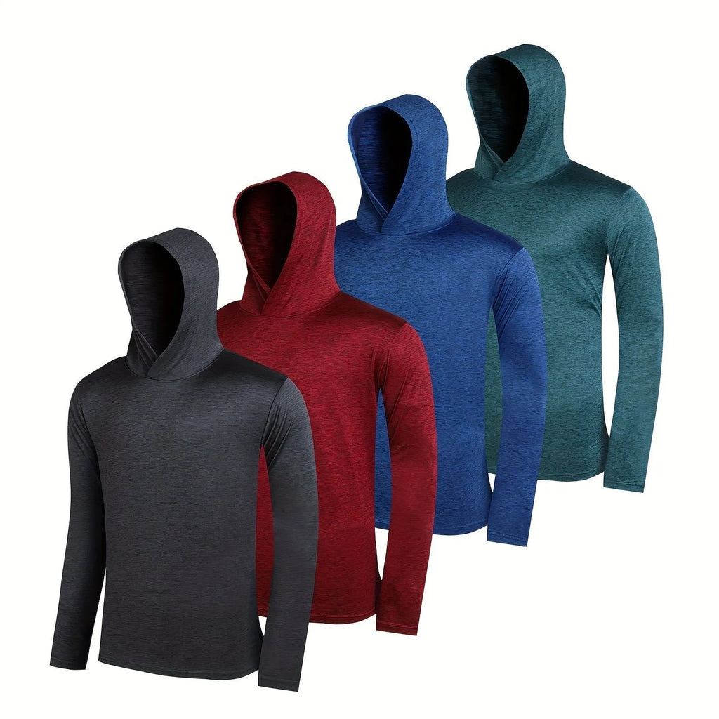 Four men's lightweight hoodies folded, showing elastic polyester fabric in a solid colour.