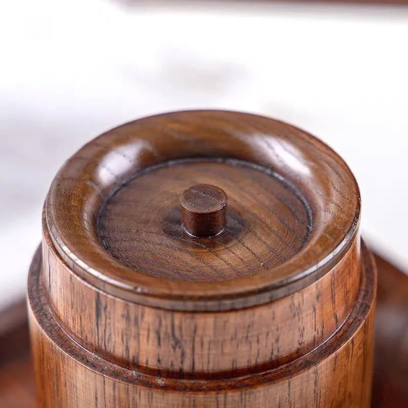 Tea storage can with wooden texture design, 7.5 cm diameter and 12 cm height, offset printed finish, with lid