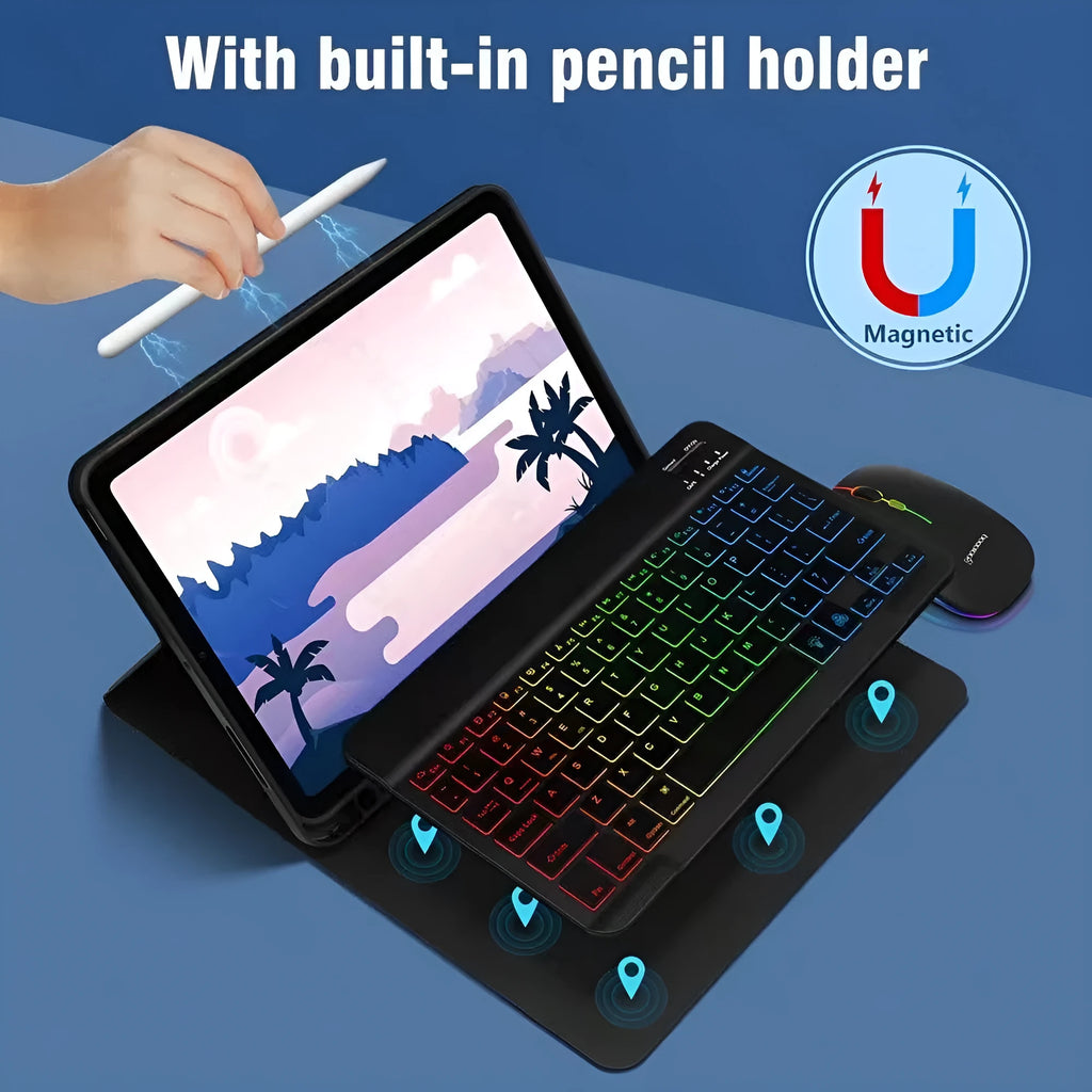 iPad protective case with luminous Bluetooth keyboard and leather sheath, black variant, rear view showing TPU shell and bracket