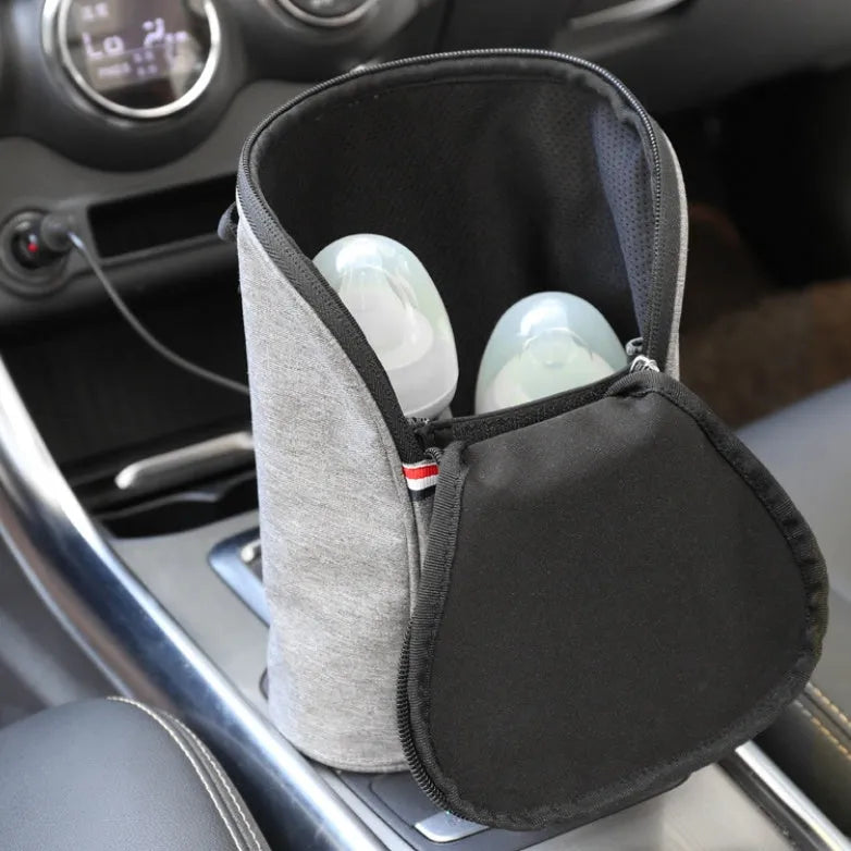 Grey Oxford cloth portable car USB baby bottle warmer with electronic display and buckle strap
