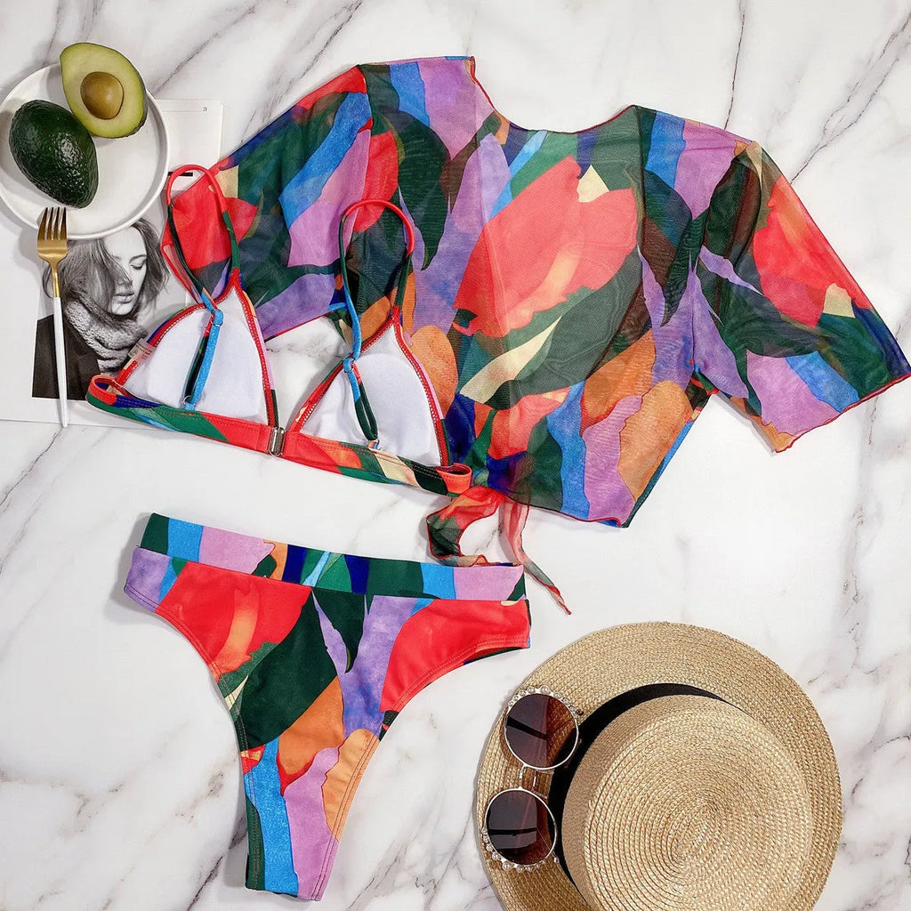 Red printed women's split swimsuit for swimming and surfing