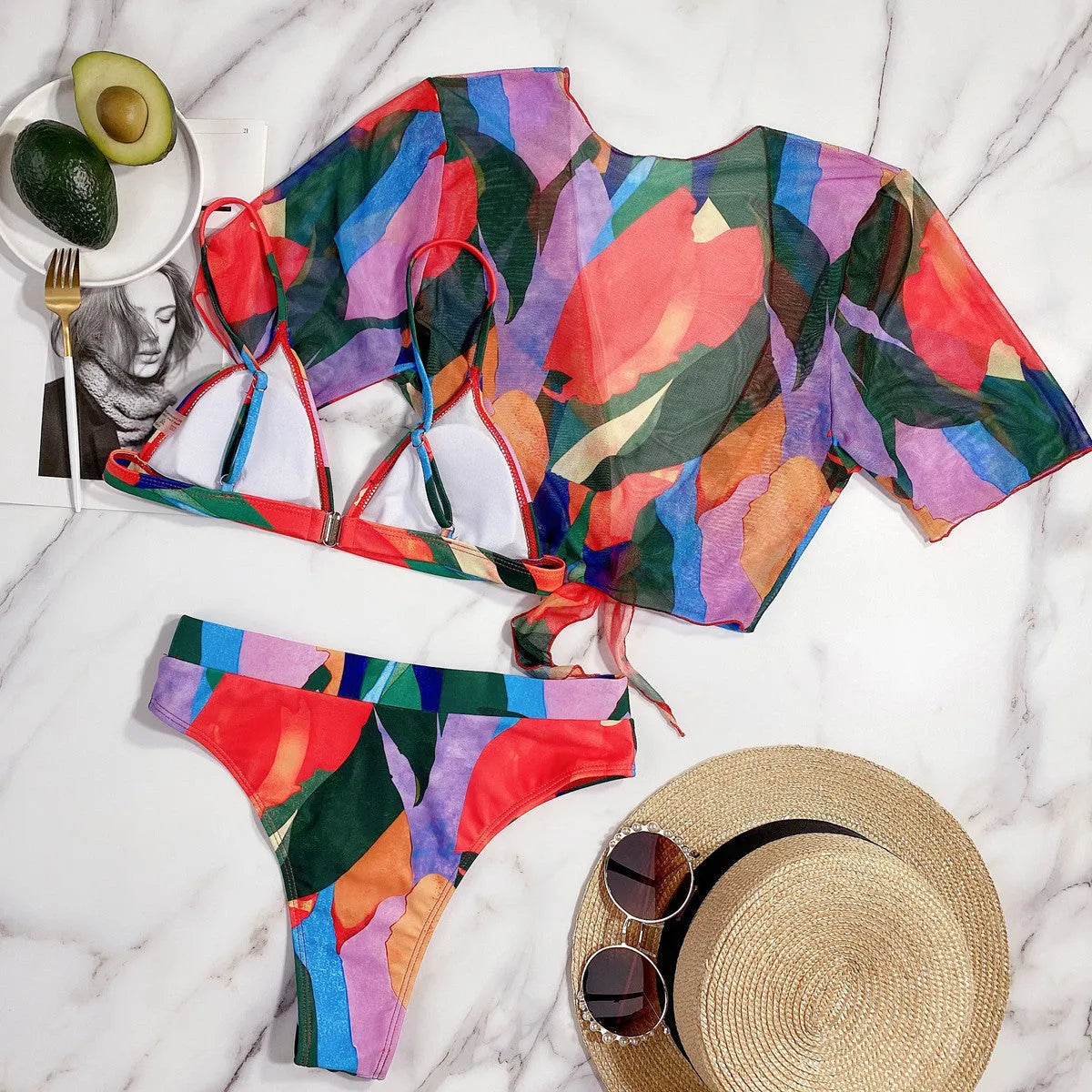 Red printed women's split swimsuit for swimming and surfing