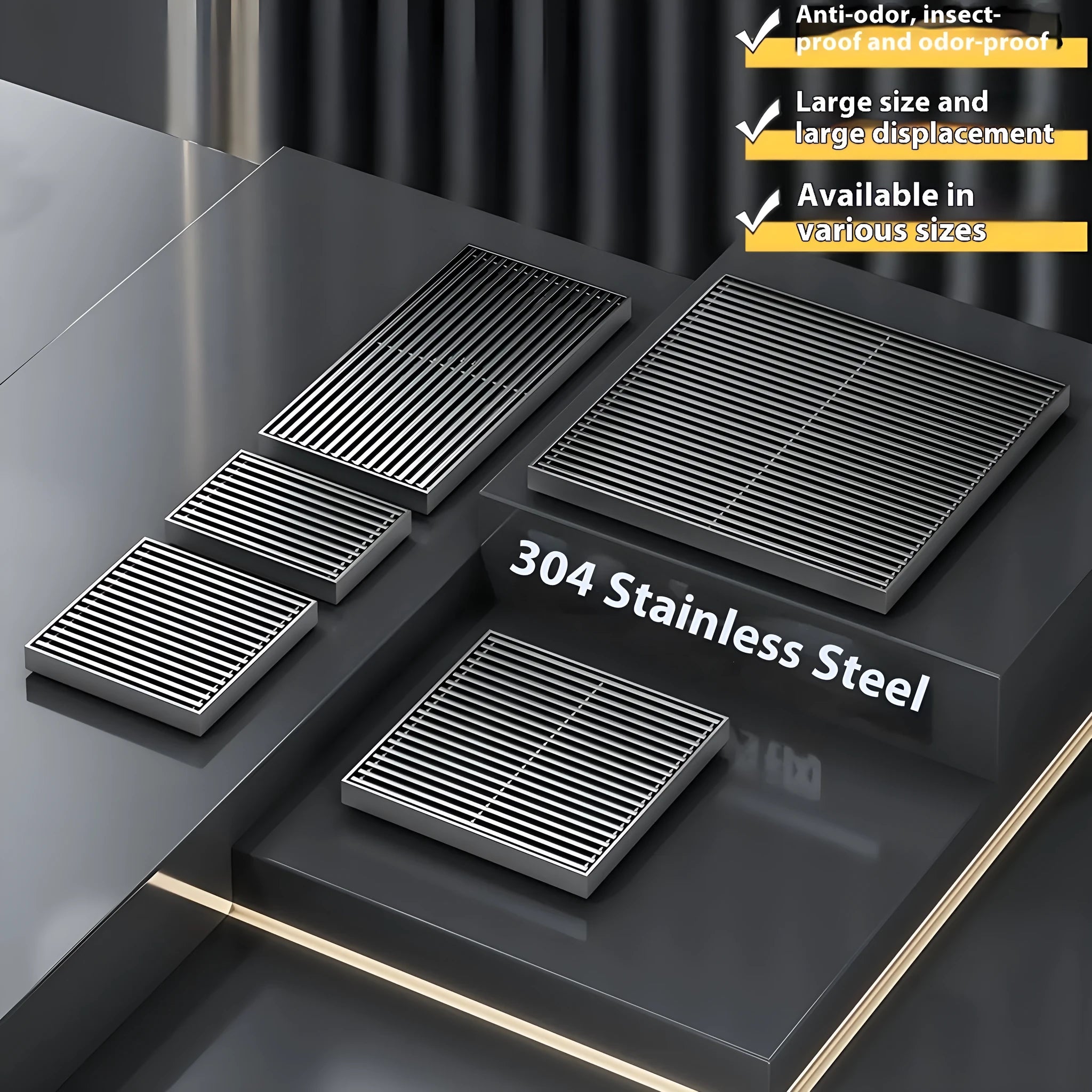 Gun grey 304 stainless steel courtyard deodorant floor drain with 15x15cm dimensions.