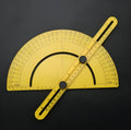 A white ABS plastic 180-degree carpentry ruler tool for measuring angles on wood and tiles.
