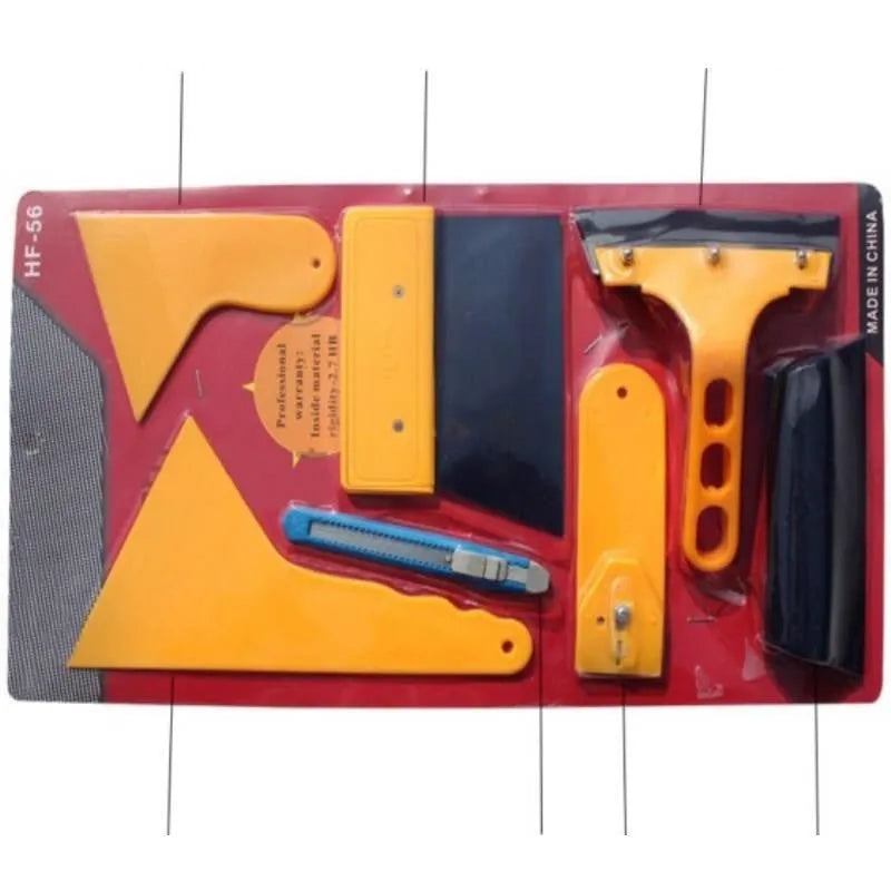 Seven-piece car foil tool set with scrapers, knives and pressing block for film installation