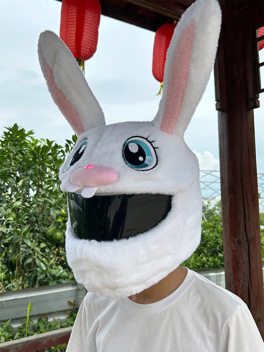 White rabbit head decorative cover for electric motorcycle helmet with plush fabric and long ear design