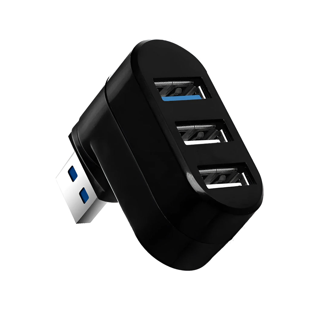 Black USB rotary splitter hub with four USB ports showing 15.5cm length
