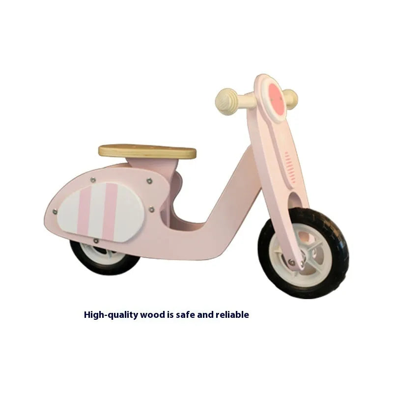 Pink wooden balance scooter for toddlers with 10-inch size for ages 1-6 years
