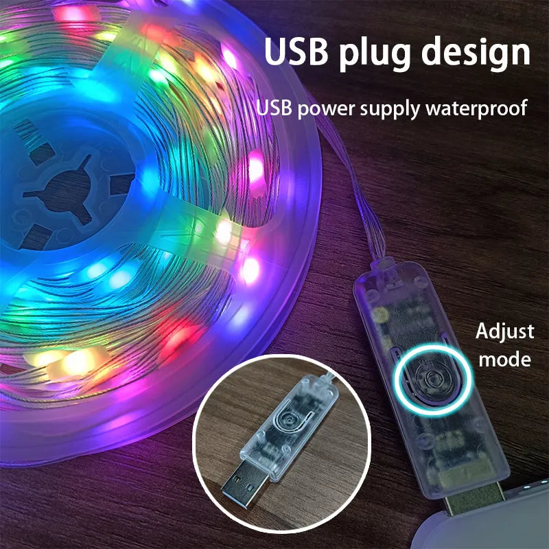 Colourful LED light string with 100 bulbs on a 10-metre wire, showing battery pack and multiple mode settings.
