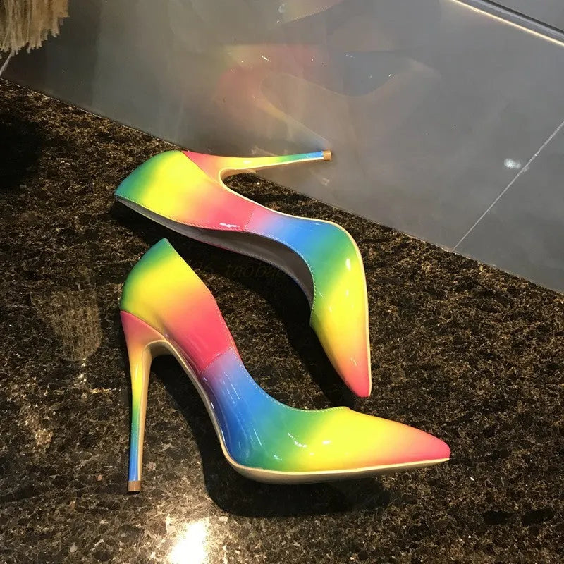 Rainbow patent leather women's high heels with thin stiletto heel and pointed toe