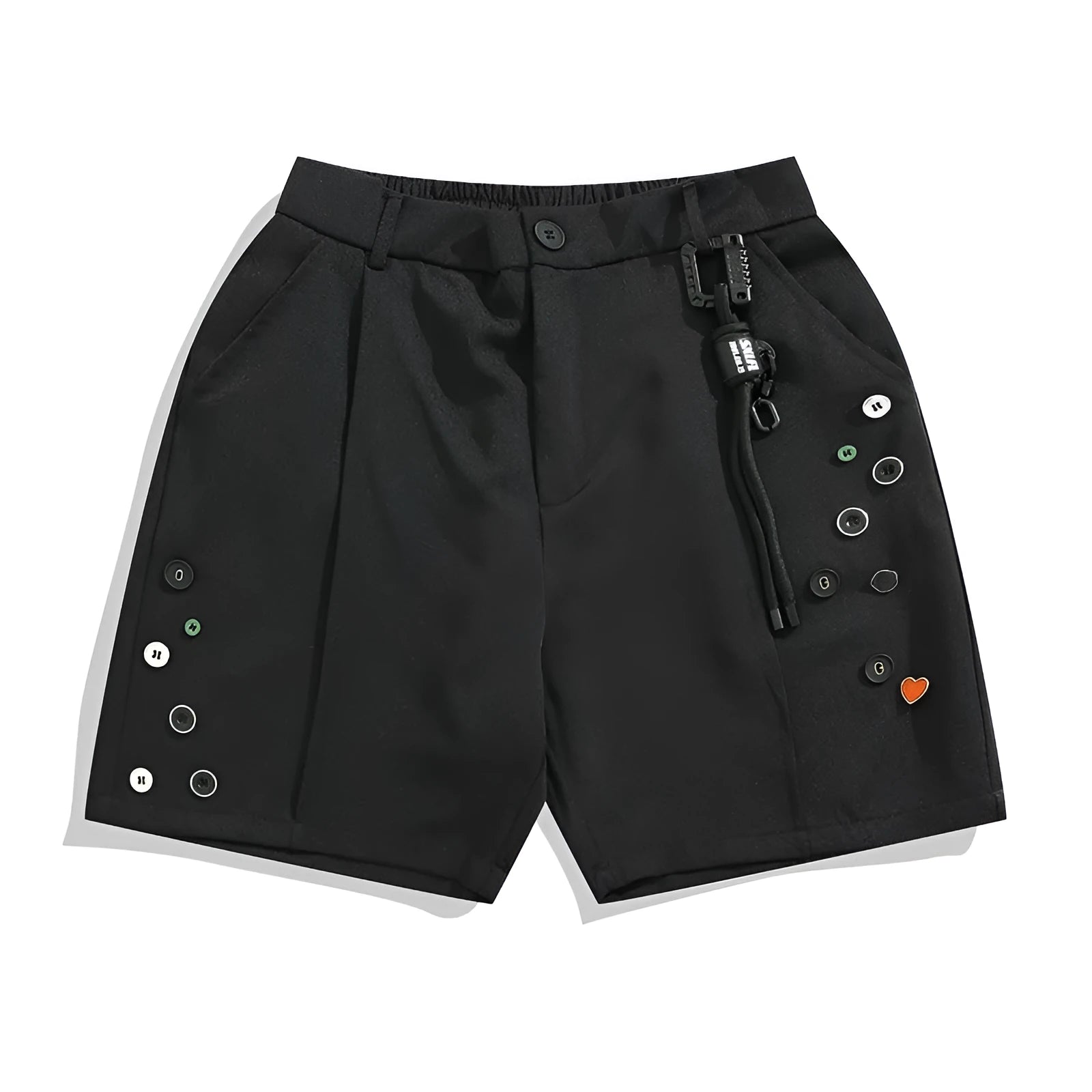 Black loose fit men's casual shorts with elastic waistband and straight leg design
