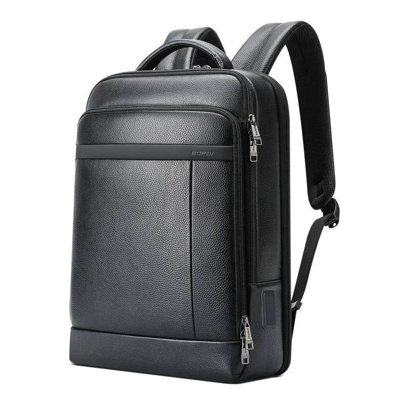 Black genuine leather men's business backpack with USB port and curved shoulder straps