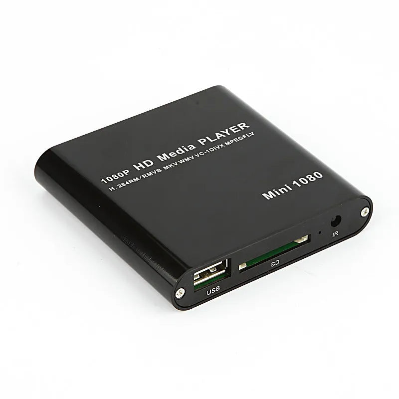 Blue and black 1080P Full HD media player with HDMI port, compact all-metal design.