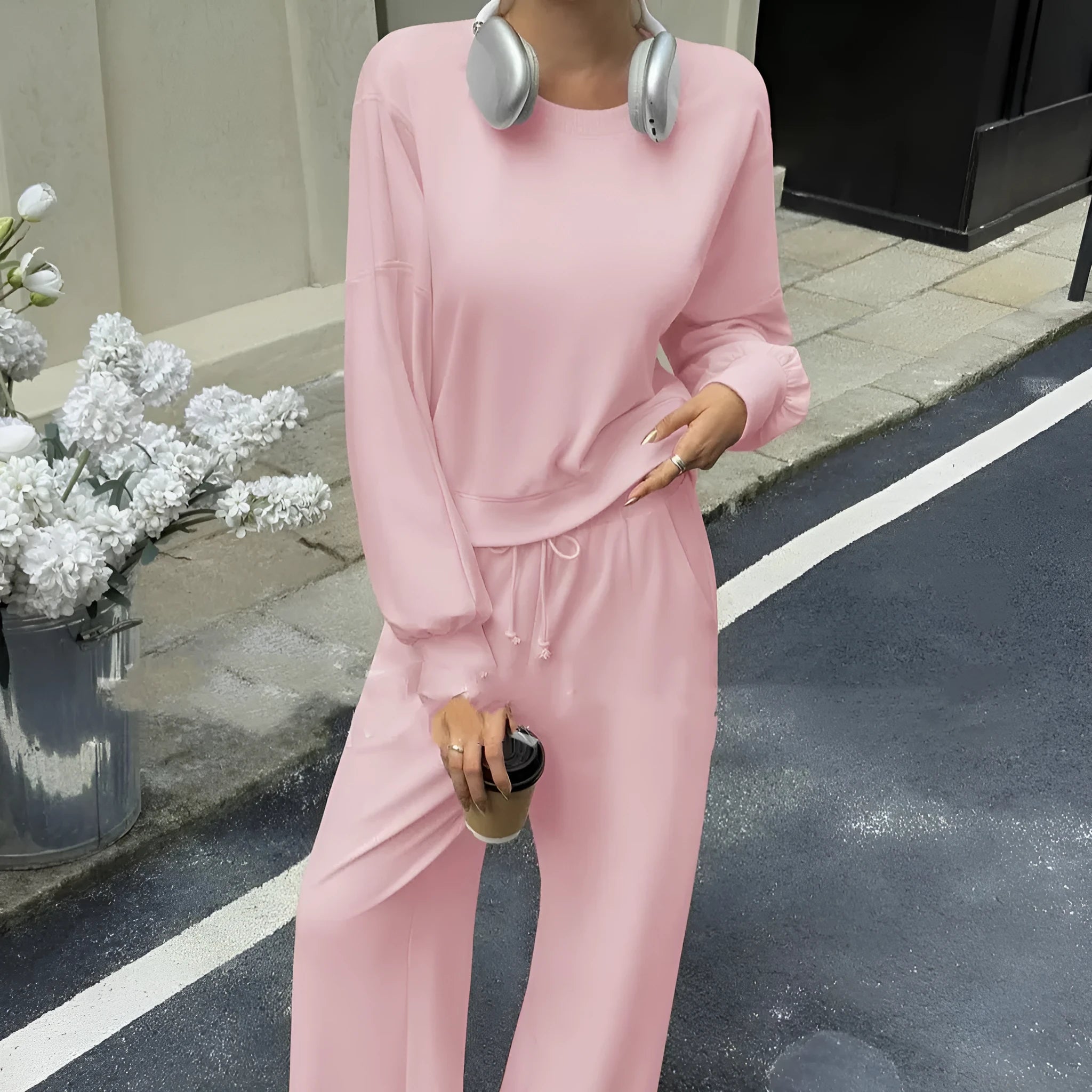 Women's solid colour trousers two-piece set with long sleeves in street hipster style