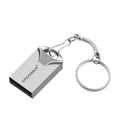 Metal USB flash drive on a keychain ring, shown in black and silver variants with decorative chain attachments.