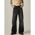 Black straight-leg jeans with American retro styling and zipper fly