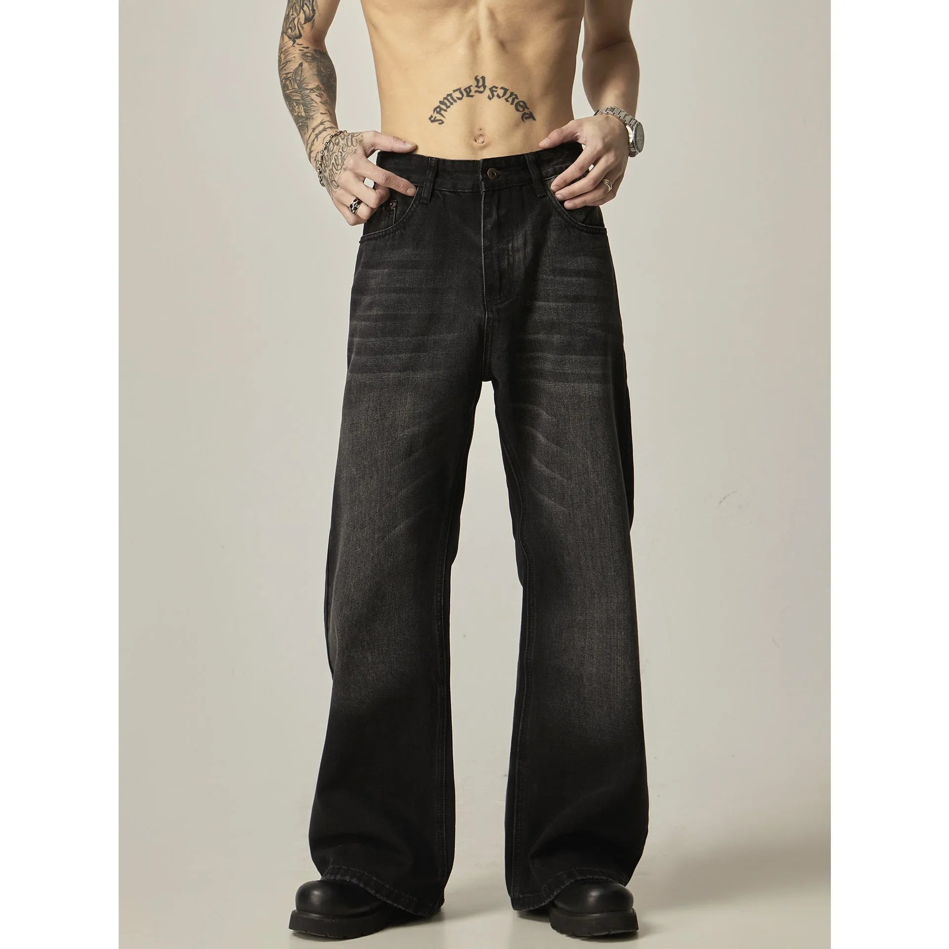 Black straight-leg jeans with American retro styling and zipper fly