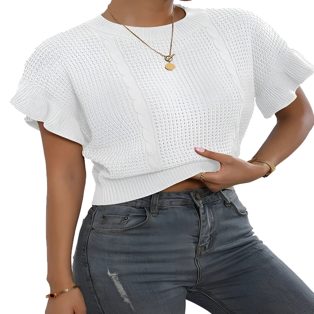 Women's loose knitted pullover with ruffled short sleeves in dark brown.