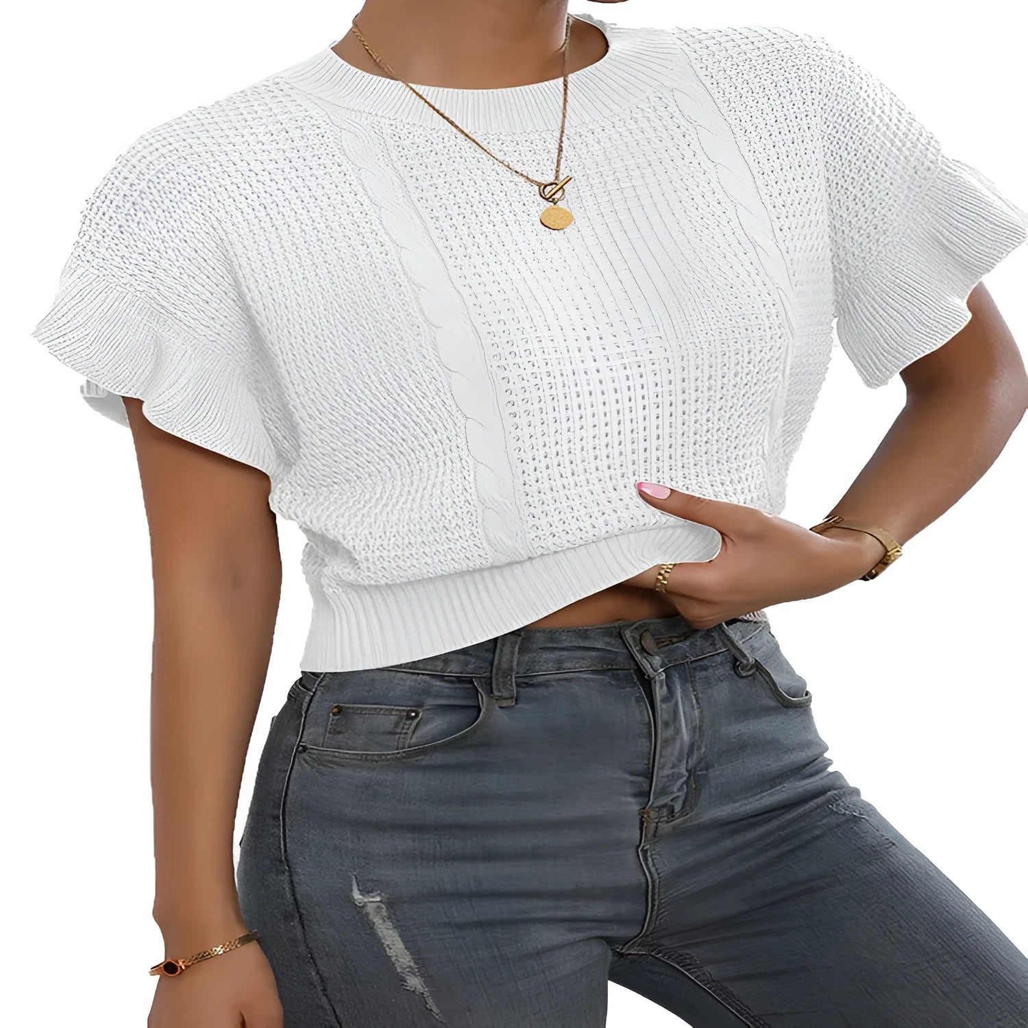 Women's loose knitted pullover with ruffled short sleeves in dark brown.