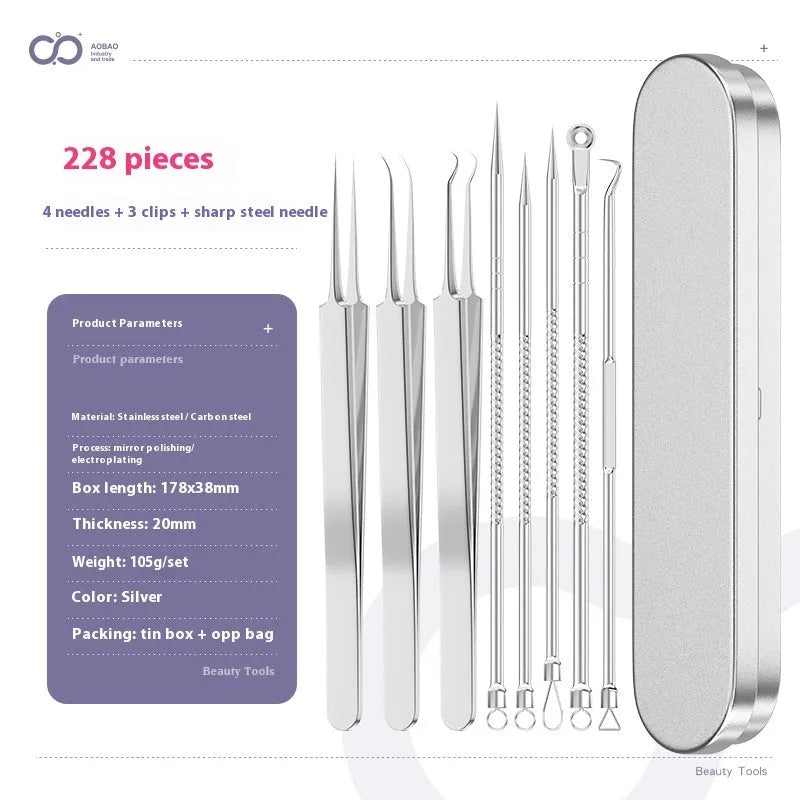 Four-piece stainless steel acne needle set with ultra-fine pointed tips and extraction clip on silver background