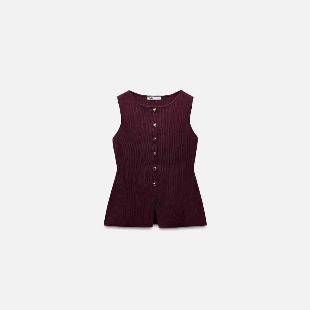 Slim fit dark red viscose sleeveless cardigan vest with gold buttons on a mannequin.