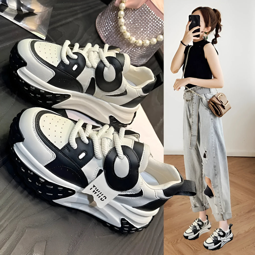 Thick-soled leather sports casual shoes with wedge heel and round toe in four colour options