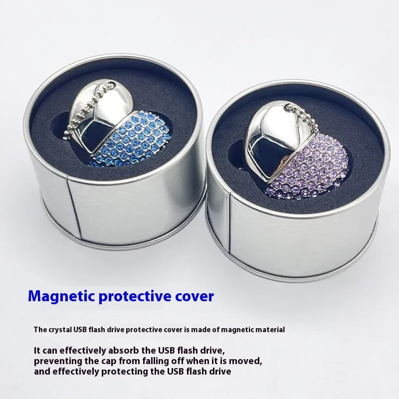 Blue heart-shaped USB flash drive with brick-inlaid pattern on metal body, showing USB connector.
