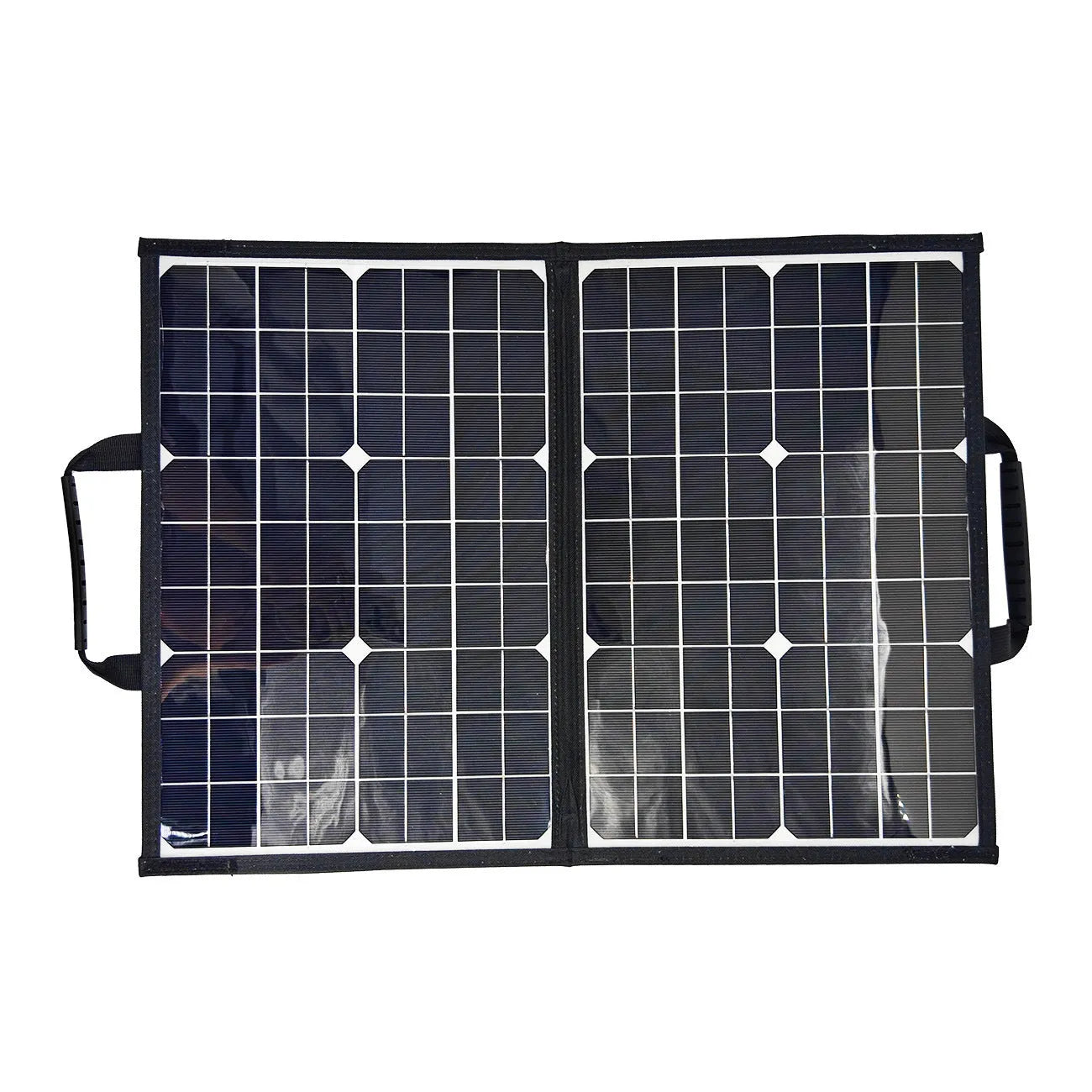 Black 40W single crystal solar panel in a folding bag, shown folded to compact size for portable charging.