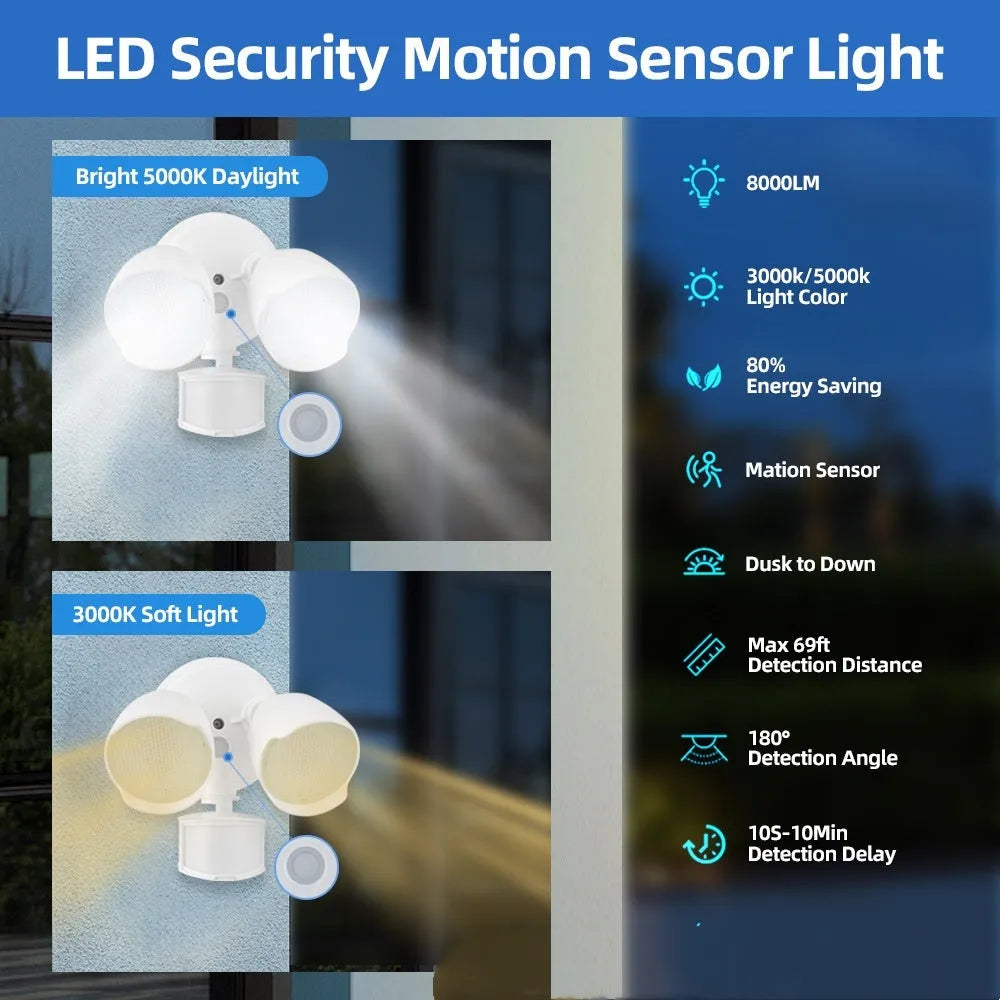 White LED security flood light with motion sensor for wall or ceiling mounting