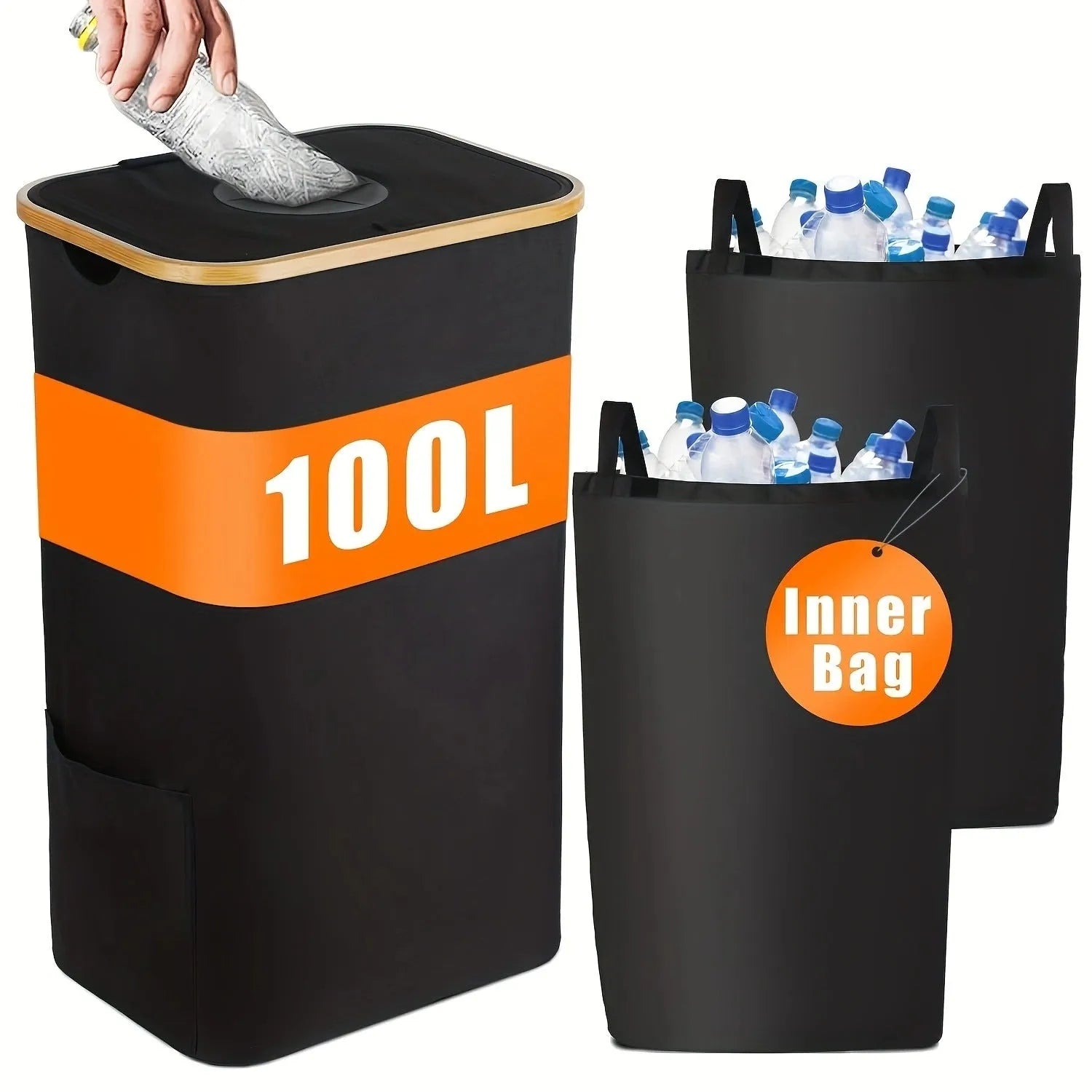 Black bamboo storage basket with removable lid and double inner pockets for home organisation
