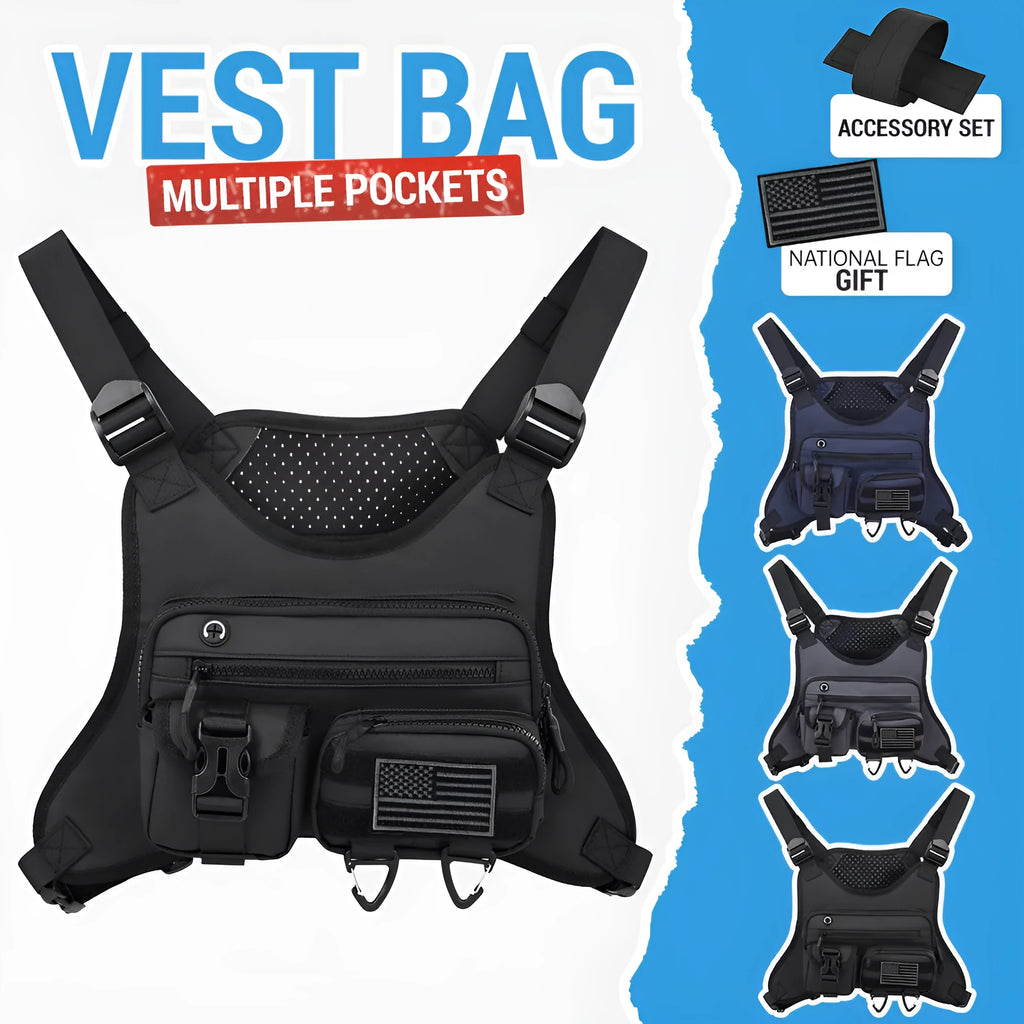 Outdoor sports chest bag in Oxford cloth with sewing line detail, available in black, blue, and gray for men