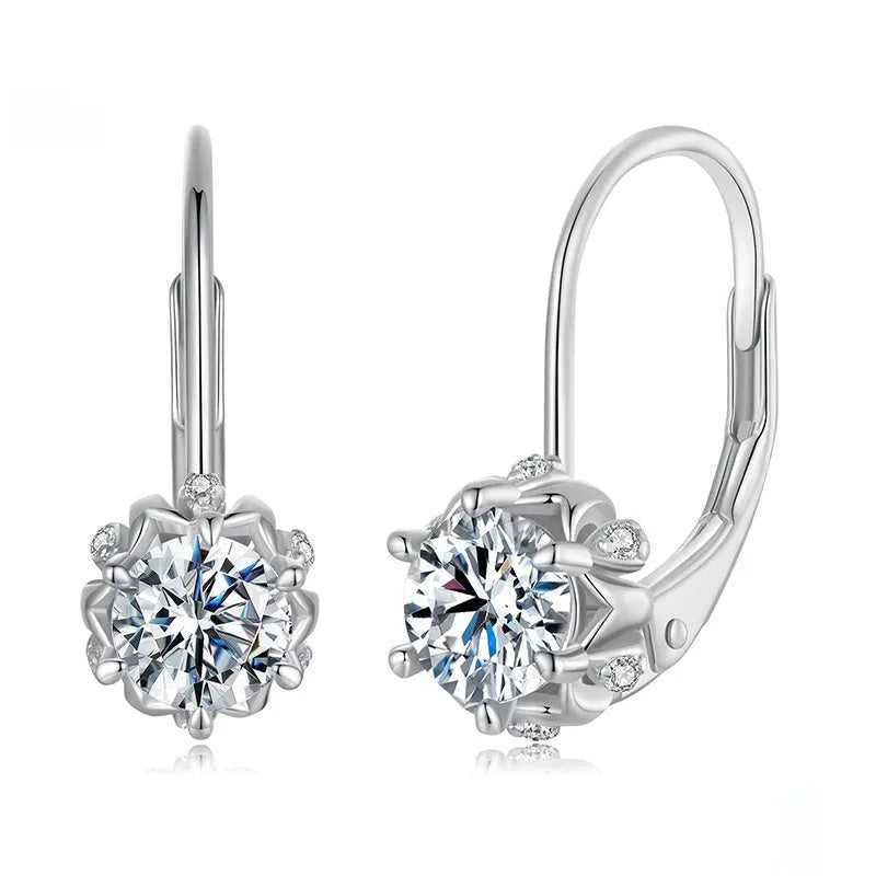 Sterling silver flower bud ear clips with moissanite stone and white gold plating