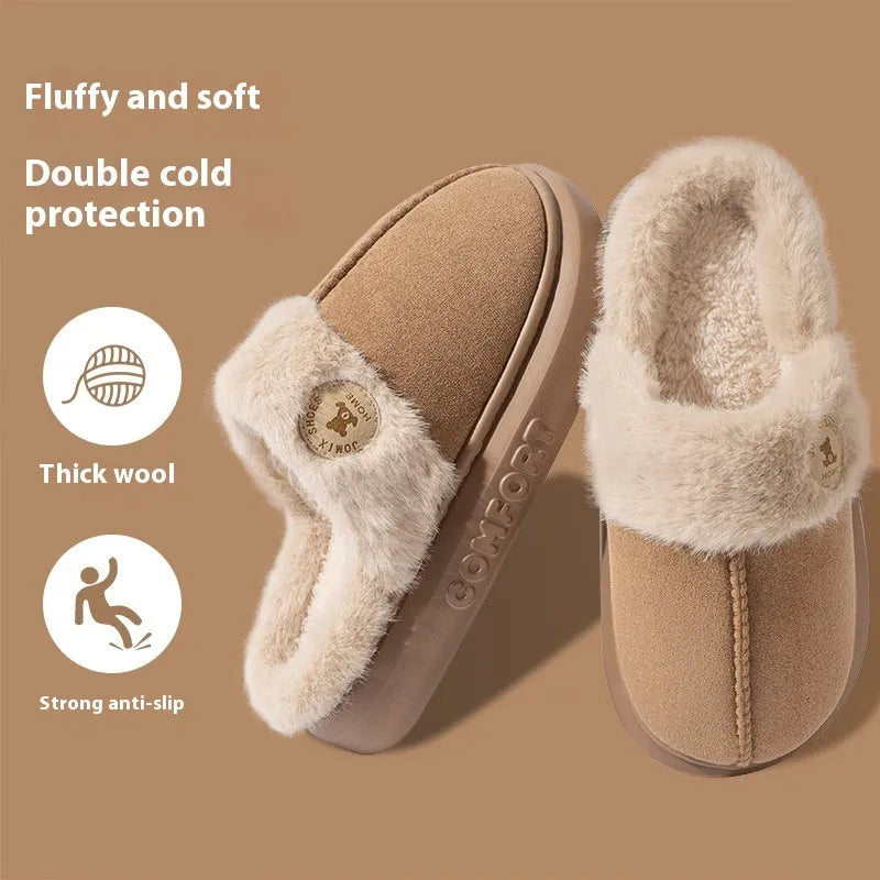 Plush winter slippers with thick PVC sole and fleece upper in various colours