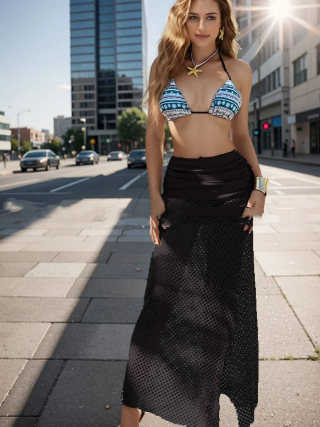 Women's three-piece bikini set with fishnet long skirt in a gradient pattern, shown in brown.