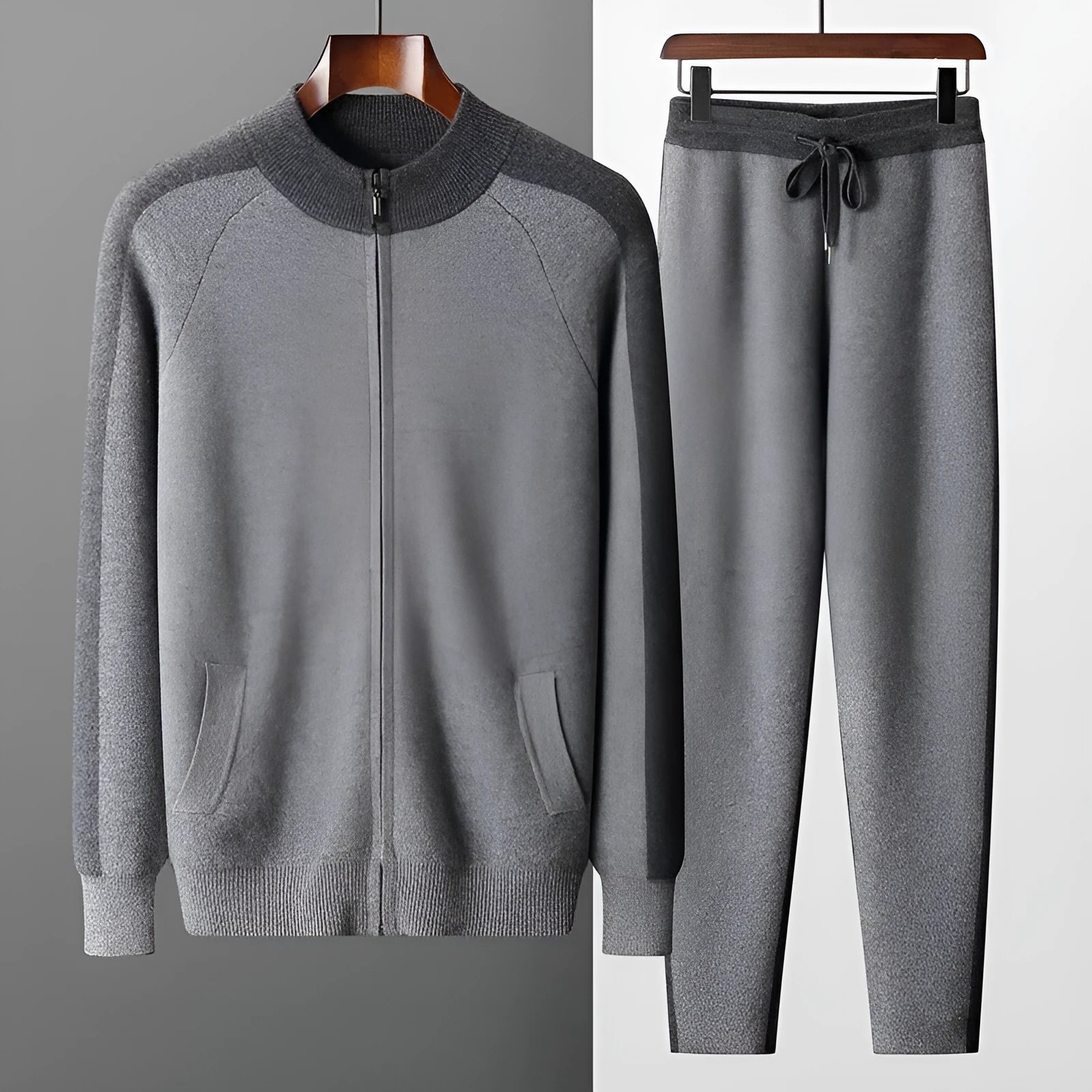 Men's cashmere wool blend casual sports suit with half turtleneck cardigan and trousers
